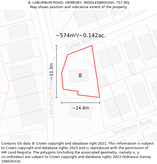 8, LABURNUM ROAD, ORMESBY, MIDDLESBROUGH, TS7 9DJ: Plot and title map