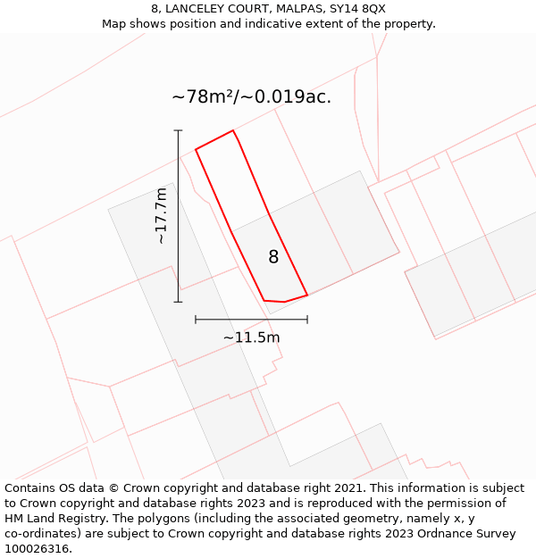 8, LANCELEY COURT, MALPAS, SY14 8QX: Plot and title map