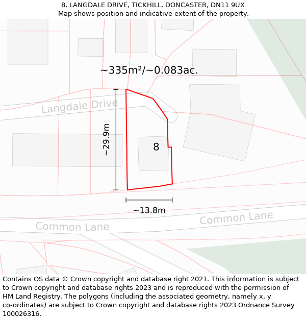 8, LANGDALE DRIVE, TICKHILL, DONCASTER, DN11 9UX: Plot and title map