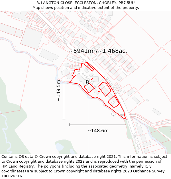 8, LANGTON CLOSE, ECCLESTON, CHORLEY, PR7 5UU: Plot and title map