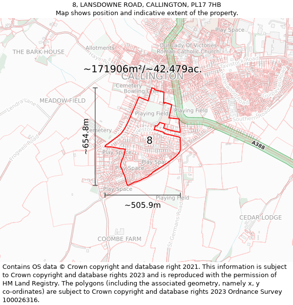 8, LANSDOWNE ROAD, CALLINGTON, PL17 7HB: Plot and title map