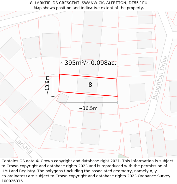 8, LARKFIELDS CRESCENT, SWANWICK, ALFRETON, DE55 1EU: Plot and title map