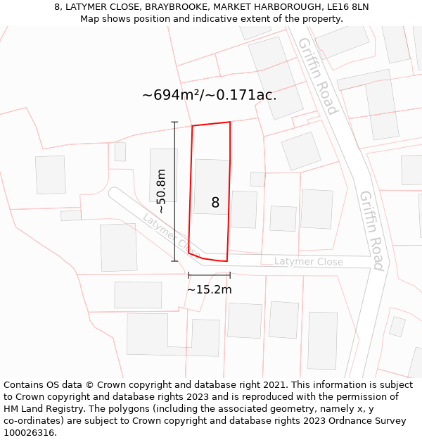 8, LATYMER CLOSE, BRAYBROOKE, MARKET HARBOROUGH, LE16 8LN: Plot and title map