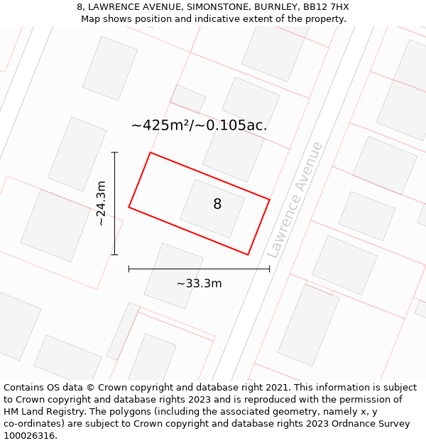 8, LAWRENCE AVENUE, SIMONSTONE, BURNLEY, BB12 7HX: Plot and title map