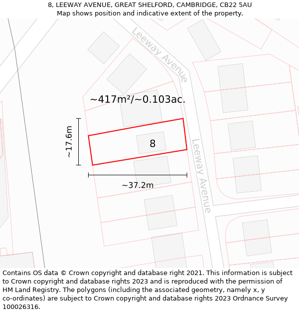 8, LEEWAY AVENUE, GREAT SHELFORD, CAMBRIDGE, CB22 5AU: Plot and title map