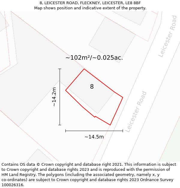 8, LEICESTER ROAD, FLECKNEY, LEICESTER, LE8 8BF: Plot and title map