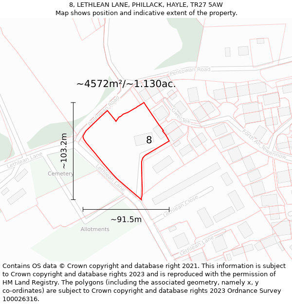 8, LETHLEAN LANE, PHILLACK, HAYLE, TR27 5AW: Plot and title map