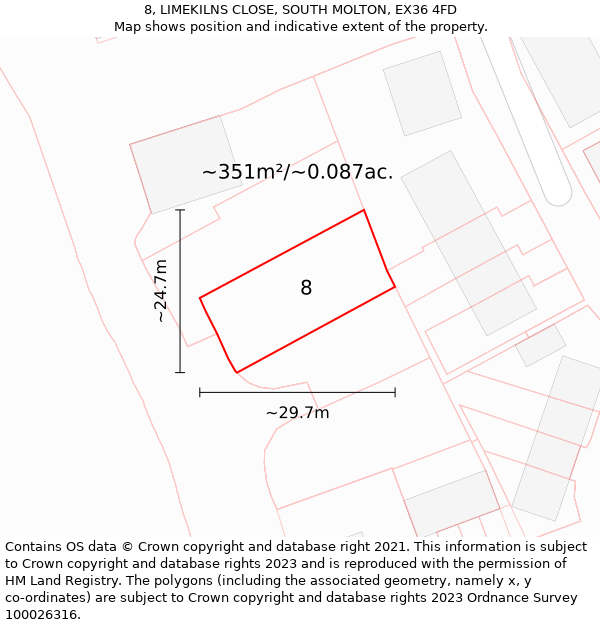 8, LIMEKILNS CLOSE, SOUTH MOLTON, EX36 4FD: Plot and title map