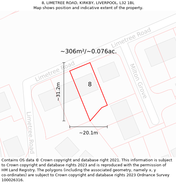 8, LIMETREE ROAD, KIRKBY, LIVERPOOL, L32 1BL: Plot and title map