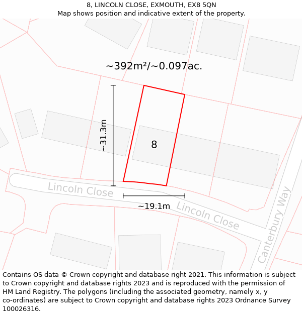 8, LINCOLN CLOSE, EXMOUTH, EX8 5QN: Plot and title map