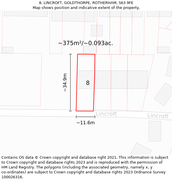 8, LINCROFT, GOLDTHORPE, ROTHERHAM, S63 9FE: Plot and title map