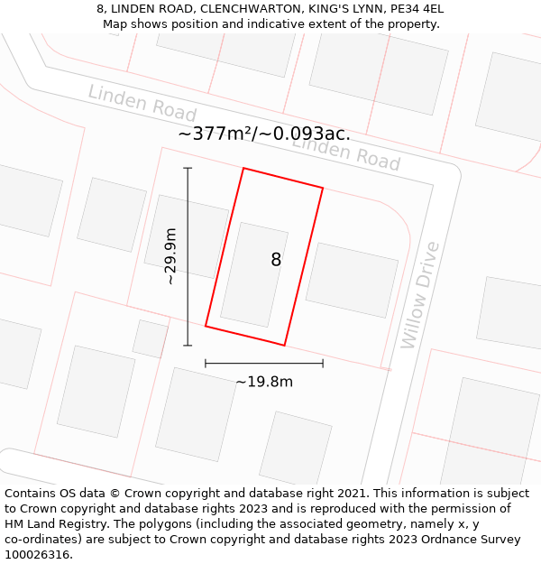 8, LINDEN ROAD, CLENCHWARTON, KING'S LYNN, PE34 4EL: Plot and title map