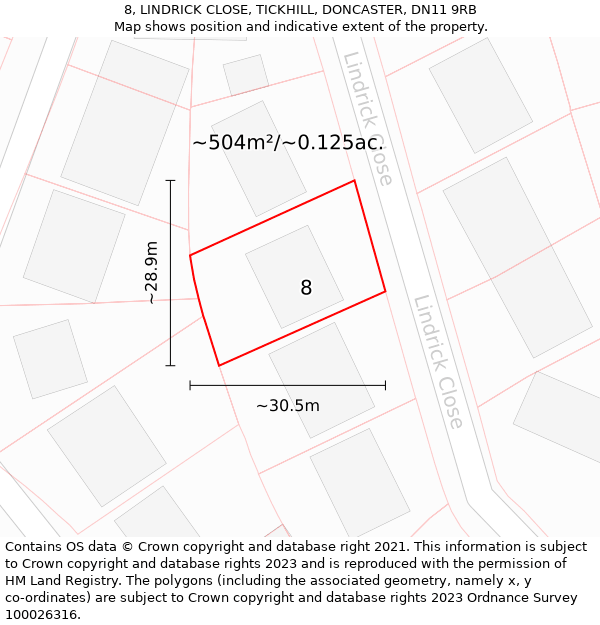 8, LINDRICK CLOSE, TICKHILL, DONCASTER, DN11 9RB: Plot and title map