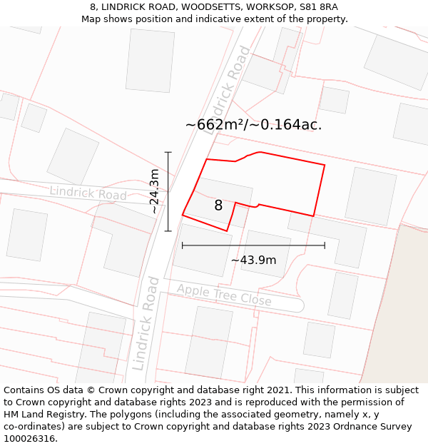 8, LINDRICK ROAD, WOODSETTS, WORKSOP, S81 8RA: Plot and title map