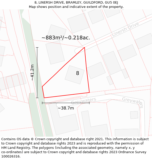 8, LINERSH DRIVE, BRAMLEY, GUILDFORD, GU5 0EJ: Plot and title map