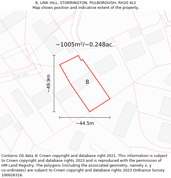 8, LINK HILL, STORRINGTON, PULBOROUGH, RH20 4LS: Plot and title map
