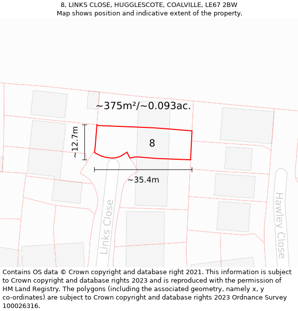 8, LINKS CLOSE, HUGGLESCOTE, COALVILLE, LE67 2BW: Plot and title map