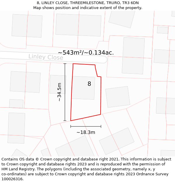 8, LINLEY CLOSE, THREEMILESTONE, TRURO, TR3 6DN: Plot and title map