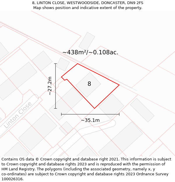 8, LINTON CLOSE, WESTWOODSIDE, DONCASTER, DN9 2FS: Plot and title map