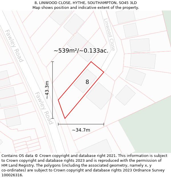 8, LINWOOD CLOSE, HYTHE, SOUTHAMPTON, SO45 3LD: Plot and title map