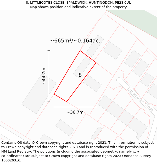 8, LITTLECOTES CLOSE, SPALDWICK, HUNTINGDON, PE28 0UL: Plot and title map