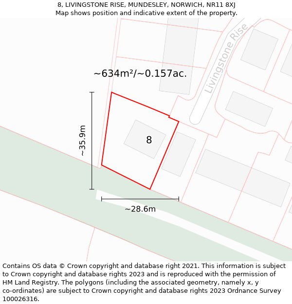 8, LIVINGSTONE RISE, MUNDESLEY, NORWICH, NR11 8XJ: Plot and title map