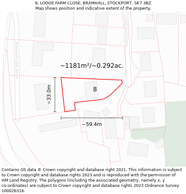 8, LODGE FARM CLOSE, BRAMHALL, STOCKPORT, SK7 3BZ: Plot and title map