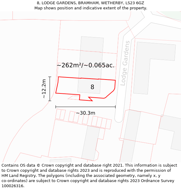 8, LODGE GARDENS, BRAMHAM, WETHERBY, LS23 6GZ: Plot and title map