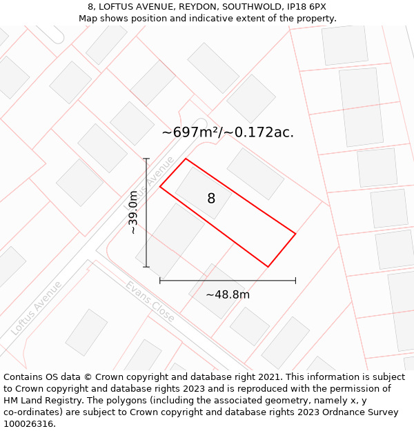 8, LOFTUS AVENUE, REYDON, SOUTHWOLD, IP18 6PX: Plot and title map