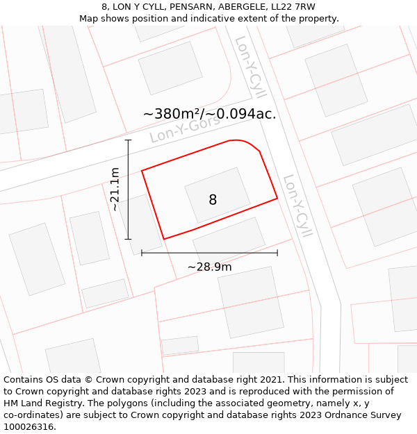8, LON Y CYLL, PENSARN, ABERGELE, LL22 7RW: Plot and title map