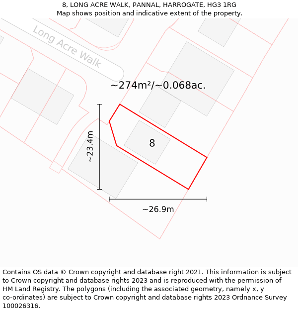 8, LONG ACRE WALK, PANNAL, HARROGATE, HG3 1RG: Plot and title map