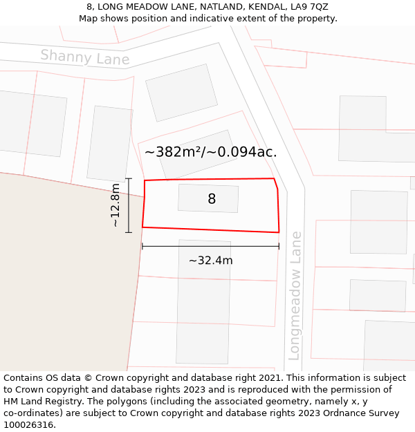 8, LONG MEADOW LANE, NATLAND, KENDAL, LA9 7QZ: Plot and title map