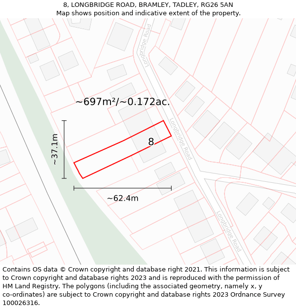 8, LONGBRIDGE ROAD, BRAMLEY, TADLEY, RG26 5AN: Plot and title map