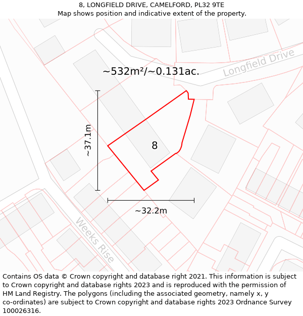 8, LONGFIELD DRIVE, CAMELFORD, PL32 9TE: Plot and title map