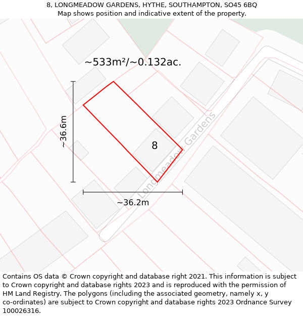 8, LONGMEADOW GARDENS, HYTHE, SOUTHAMPTON, SO45 6BQ: Plot and title map