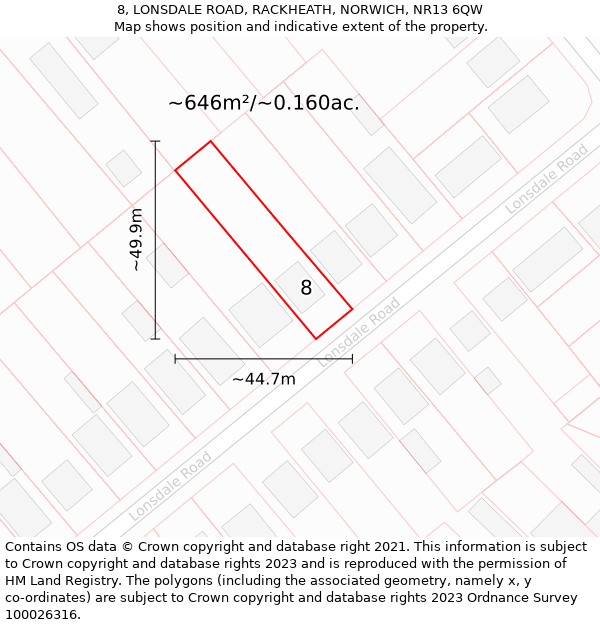8, LONSDALE ROAD, RACKHEATH, NORWICH, NR13 6QW: Plot and title map