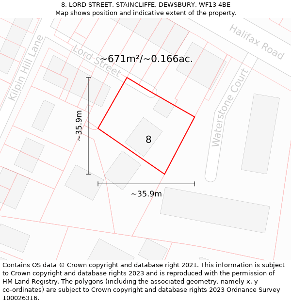 8, LORD STREET, STAINCLIFFE, DEWSBURY, WF13 4BE: Plot and title map