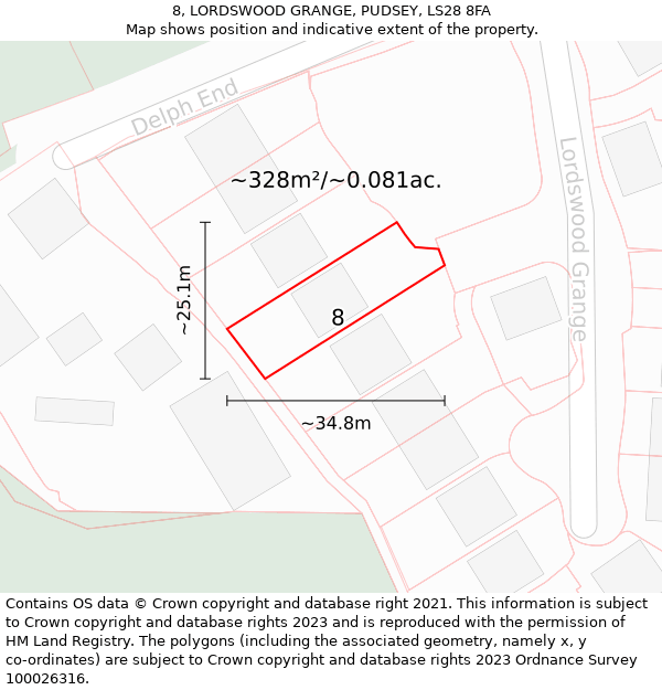 8, LORDSWOOD GRANGE, PUDSEY, LS28 8FA: Plot and title map