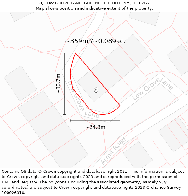 8, LOW GROVE LANE, GREENFIELD, OLDHAM, OL3 7LA: Plot and title map