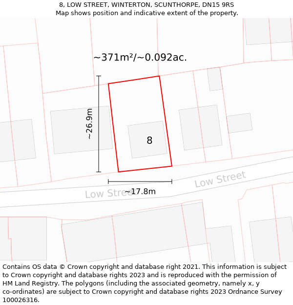 8, LOW STREET, WINTERTON, SCUNTHORPE, DN15 9RS: Plot and title map