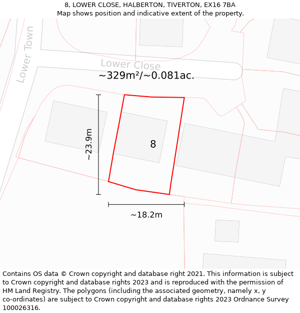 8, LOWER CLOSE, HALBERTON, TIVERTON, EX16 7BA: Plot and title map