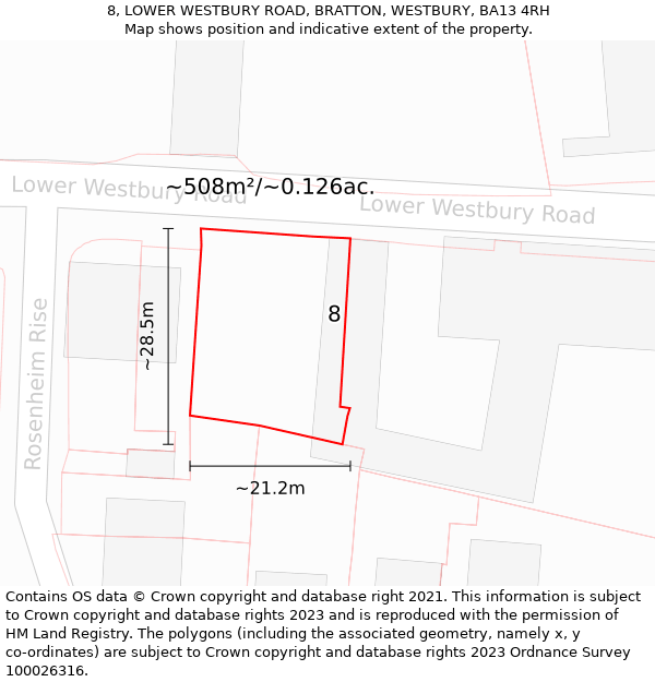 8, LOWER WESTBURY ROAD, BRATTON, WESTBURY, BA13 4RH: Plot and title map