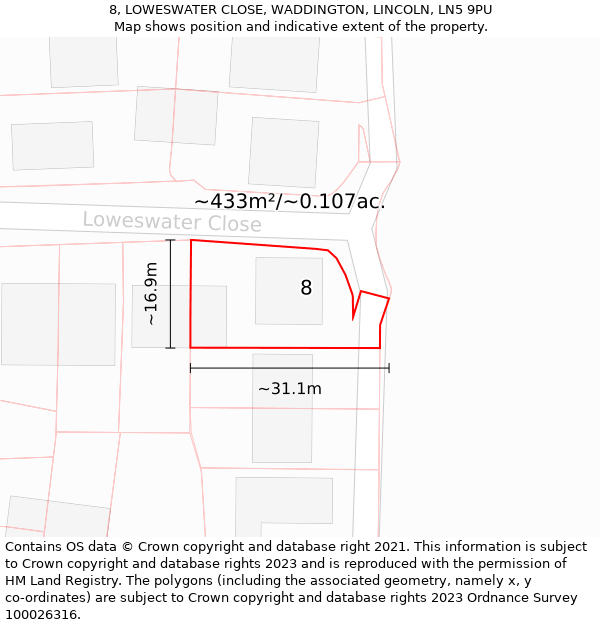 8, LOWESWATER CLOSE, WADDINGTON, LINCOLN, LN5 9PU: Plot and title map