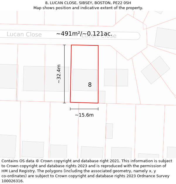 8, LUCAN CLOSE, SIBSEY, BOSTON, PE22 0SH: Plot and title map