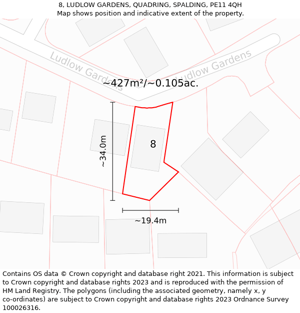 8, LUDLOW GARDENS, QUADRING, SPALDING, PE11 4QH: Plot and title map