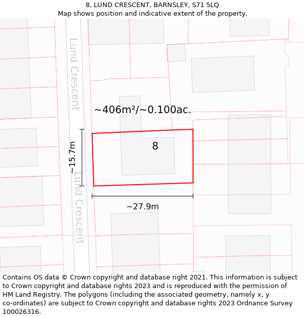 8, LUND CRESCENT, BARNSLEY, S71 5LQ: Plot and title map