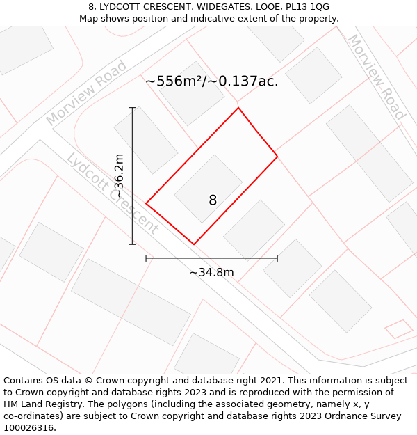 8, LYDCOTT CRESCENT, WIDEGATES, LOOE, PL13 1QG: Plot and title map