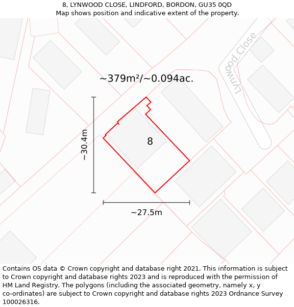 8, LYNWOOD CLOSE, LINDFORD, BORDON, GU35 0QD: Plot and title map