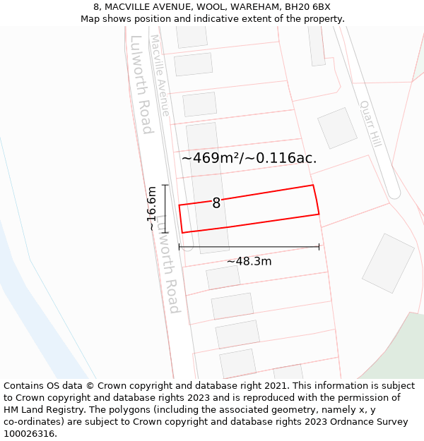 8, MACVILLE AVENUE, WOOL, WAREHAM, BH20 6BX: Plot and title map