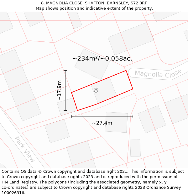 8, MAGNOLIA CLOSE, SHAFTON, BARNSLEY, S72 8RF: Plot and title map